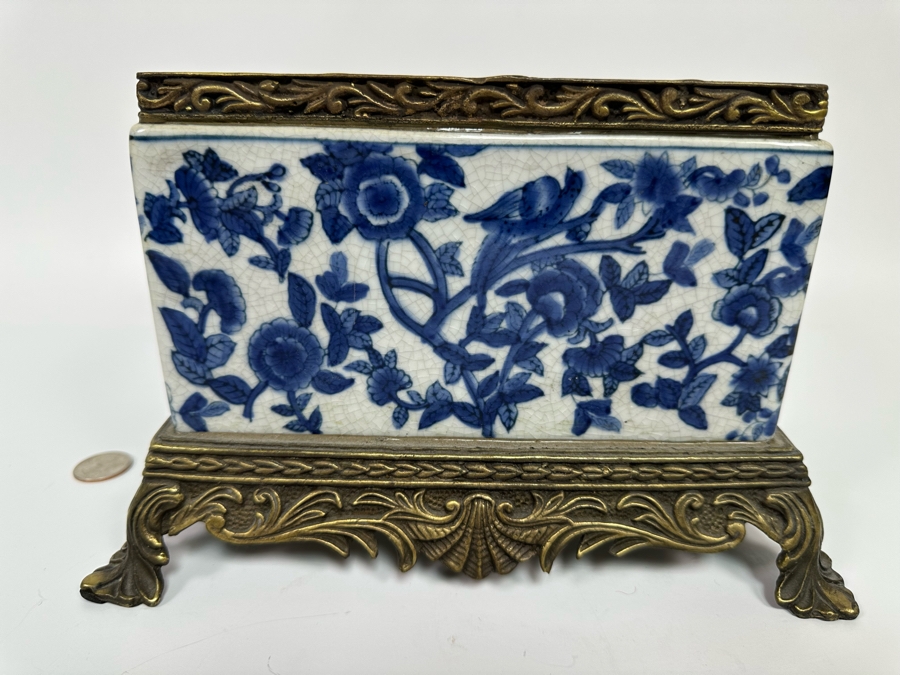 Decorative Chinese Porcelain Blue & White Planter With Metal Footed Base And Rim 9.5W X 7.5D X 6H [Photo 3]