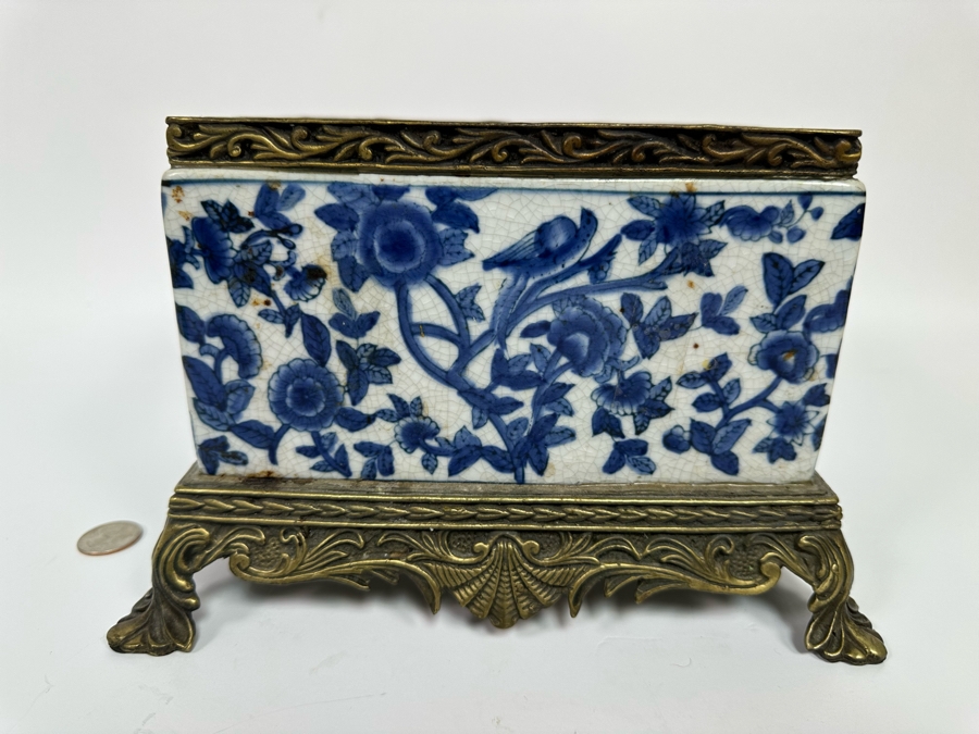 Decorative Chinese Porcelain Blue & White Planter With Metal Footed Base And Rim 9.5W X 7.5D X 6H [Photo 6]