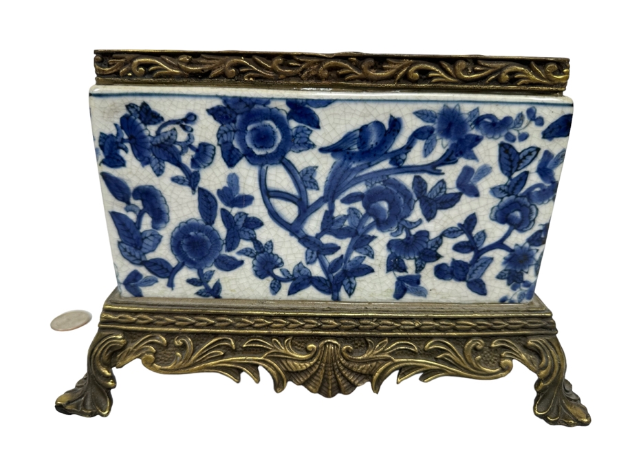 Decorative Chinese Porcelain Blue & White Planter With Metal Footed Base And Rim 9.5W X 7.5D X 6H [Photo 2]