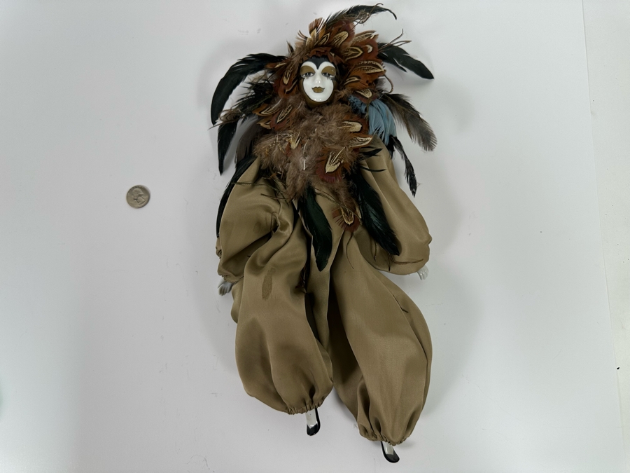 Vintage Hand Painted Porcelain Doll With Feathers 16L [Photo 3]