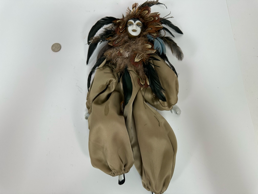 Vintage Hand Painted Porcelain Doll With Feathers 16L [Photo 2]