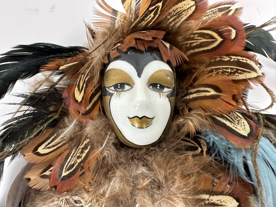 Vintage Hand Painted Porcelain Doll With Feathers 16L [Photo 5]