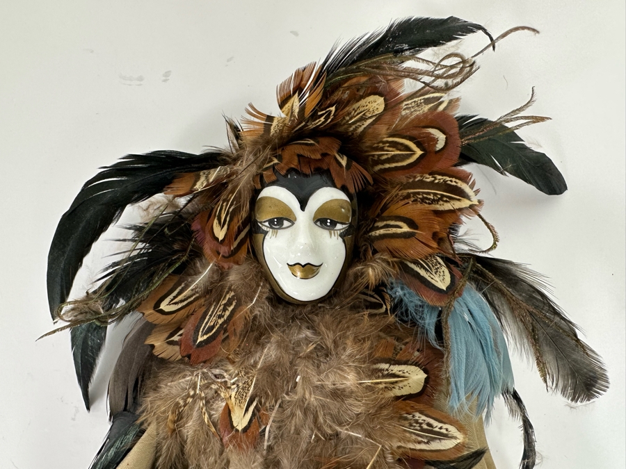 Vintage Hand Painted Porcelain Doll With Feathers 16L [Photo 4]