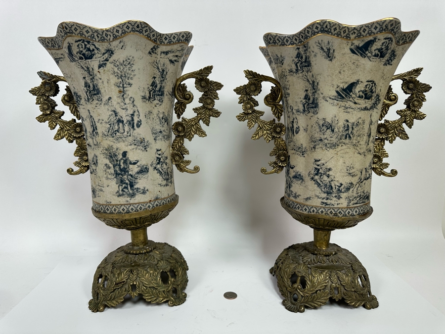 Impressive Pair Of Porcelain Vases With Brass Handles And Footed Base 13W X 17.5H [Photo 3]