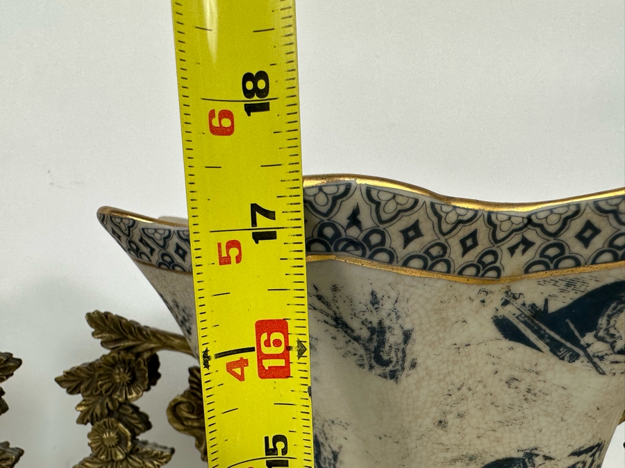 Impressive Pair Of Porcelain Vases With Brass Handles And Footed Base 13W X 17.5H [Photo 9]