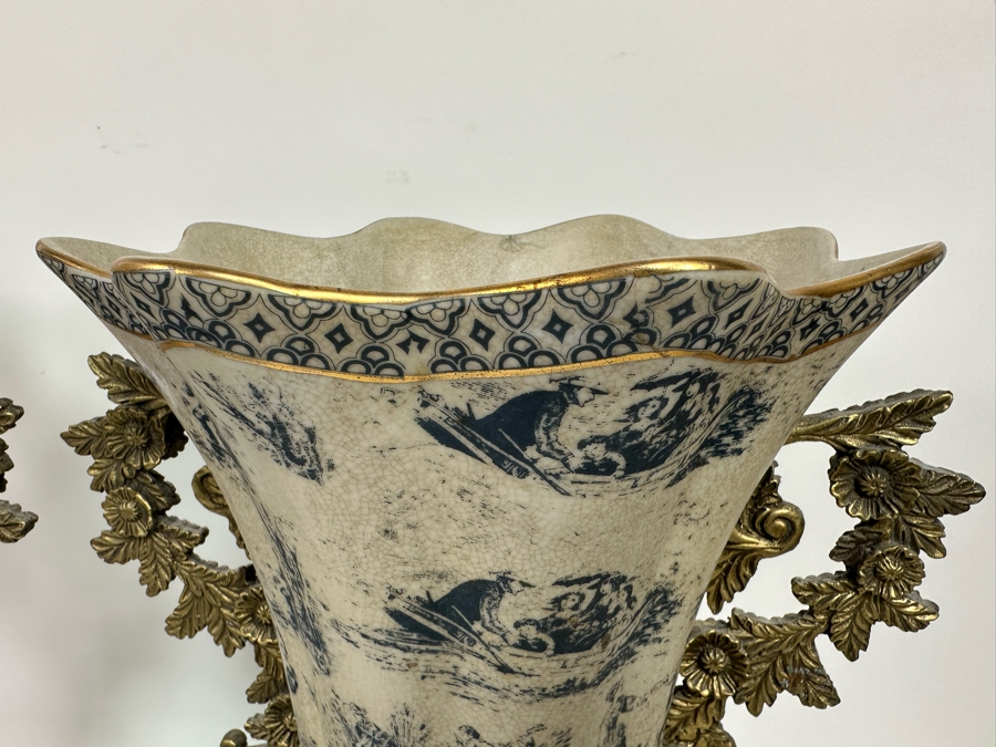 Impressive Pair Of Porcelain Vases With Brass Handles And Footed Base 13W X 17.5H [Photo 8]