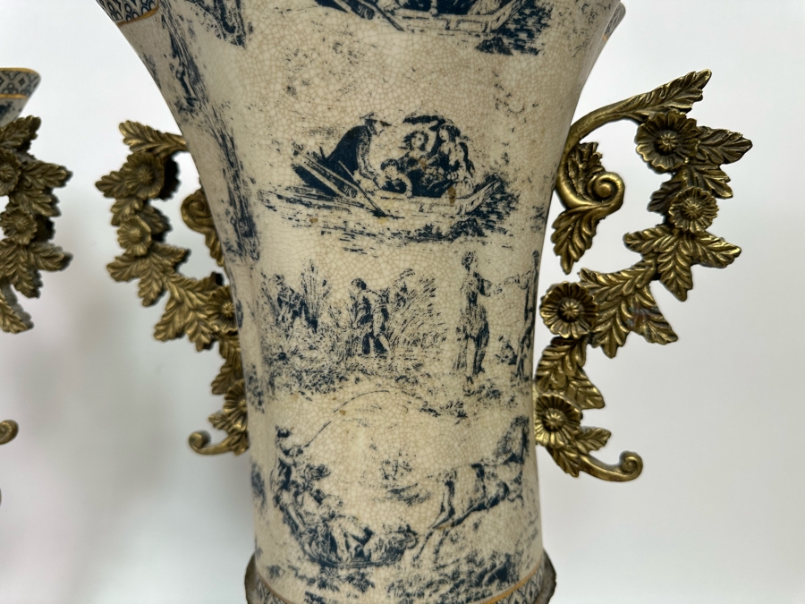 Impressive Pair Of Porcelain Vases With Brass Handles And Footed Base 13W X 17.5H [Photo 7]