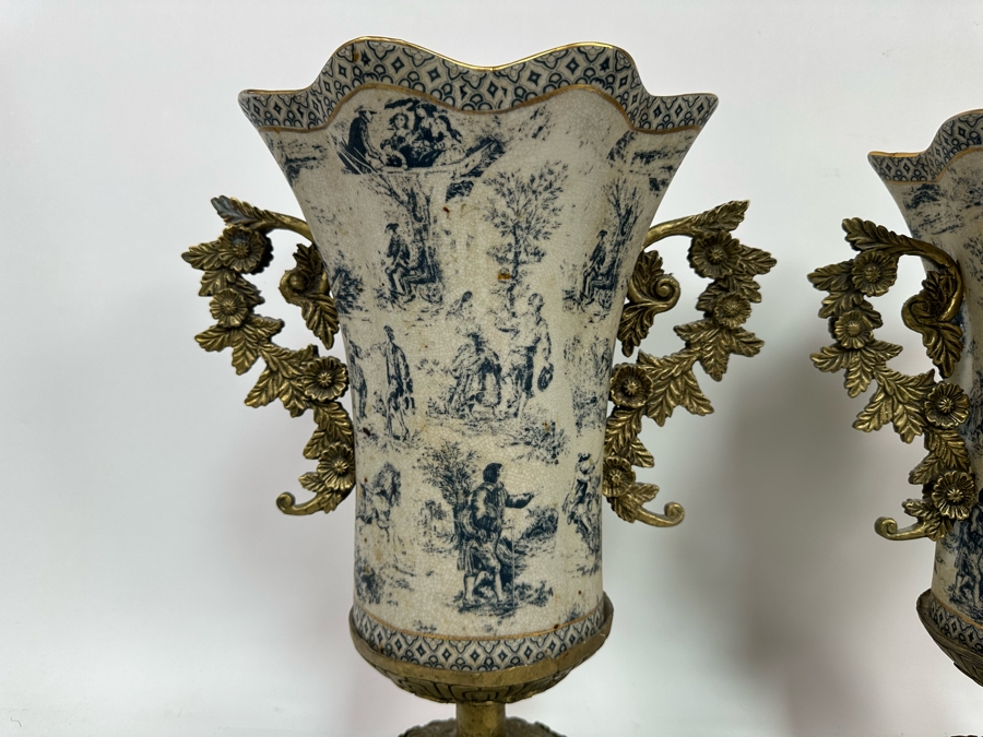 Impressive Pair Of Porcelain Vases With Brass Handles And Footed Base 13W X 17.5H [Photo 4]