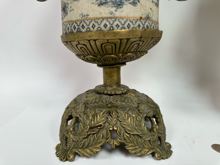 Impressive Pair Of Porcelain Vases With Brass Handles And Footed Base 13W X 17.5H [Photo 5]