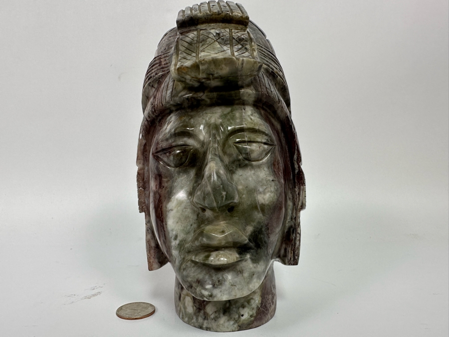 Vintage Mayan Indian Carved Stone Bust Sculpture 4.5W X 4.5D X 8H [Photo 2]
