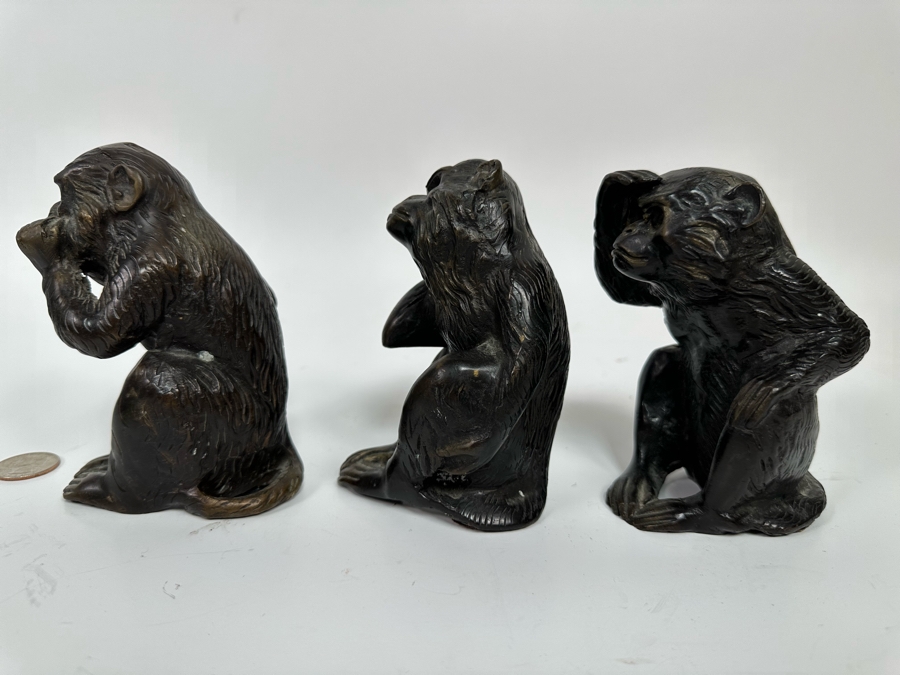 Three Wise Metal Monkey Figurines 5H