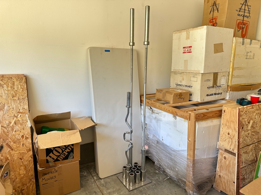 Uddeholm Sweden Competition Olympic Weights Bumper Plates With Metal Rack Plus Chrome Stand With Two 89” Long Aluminum Weight Bars And One Chrome Curling Bar [Photo 18]