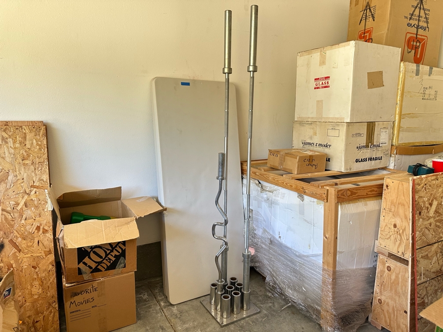 Uddeholm Sweden Competition Olympic Weights Bumper Plates With Metal Rack Plus Chrome Stand With Two 89” Long Aluminum Weight Bars And One Chrome Curling Bar [Photo 17]