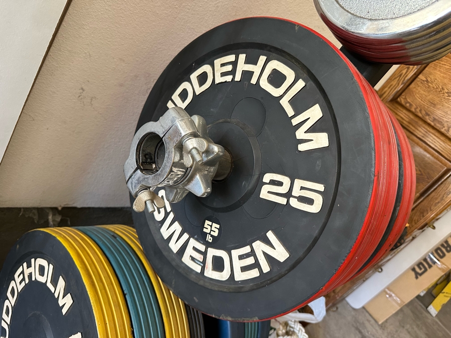 Uddeholm Sweden Competition Olympic Weights Bumper Plates With Metal Rack Plus Chrome Stand With Two 89” Long Aluminum Weight Bars And One Chrome Curling Bar [Photo 5]