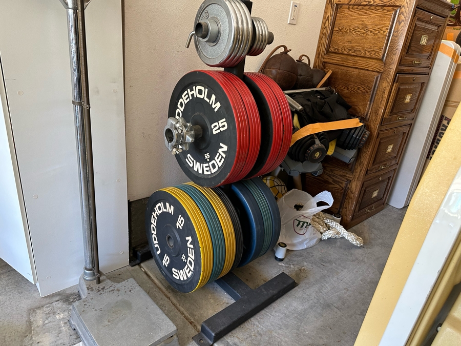 Uddeholm Sweden Competition Olympic Weights Bumper Plates With Metal Rack Plus Chrome Stand With Two 89” Long Aluminum Weight Bars And One Chrome Curling Bar [Photo 4]