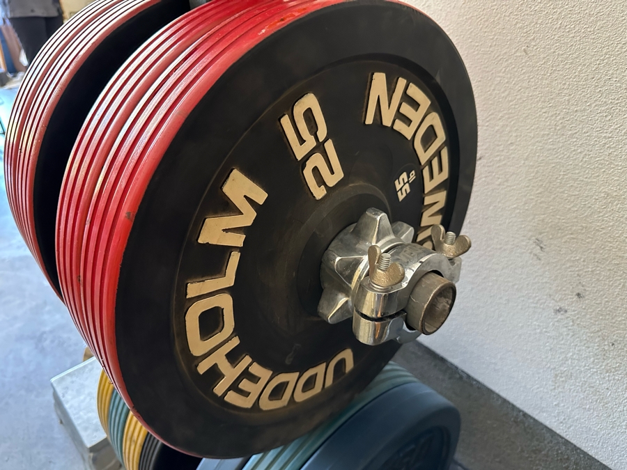 Uddeholm Sweden Competition Olympic Weights Bumper Plates With Metal Rack Plus Chrome Stand With Two 89” Long Aluminum Weight Bars And One Chrome Curling Bar [Photo 11]