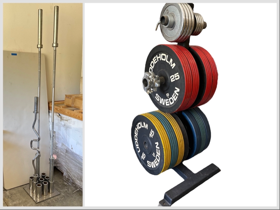 Uddeholm Sweden Competition Olympic Weights Bumper Plates With Metal Rack Plus Chrome Stand With Two 89” Long Aluminum Weight Bars And One Chrome Curling Bar