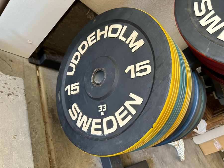 Uddeholm Sweden Competition Olympic Weights Bumper Plates With Metal Rack Plus Chrome Stand With Two 89” Long Aluminum Weight Bars And One Chrome Curling Bar [Photo 6]