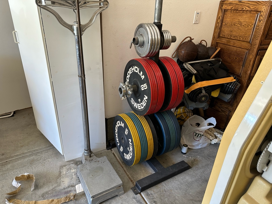 Uddeholm Sweden Competition Olympic Weights Bumper Plates With Metal Rack Plus Chrome Stand With Two 89” Long Aluminum Weight Bars And One Chrome Curling Bar [Photo 3]