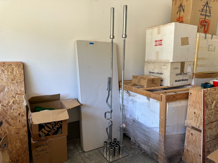 Uddeholm Sweden Competition Olympic Weights Bumper Plates With Metal Rack Plus Chrome Stand With Two 89” Long Aluminum Weight Bars And One Chrome Curling Bar [Photo 16]