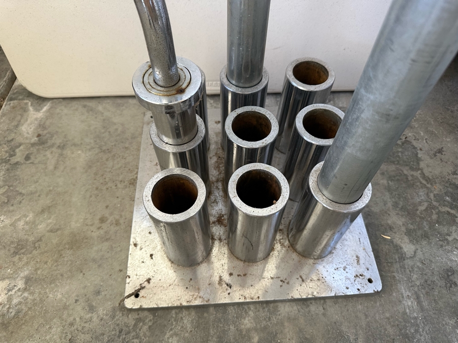 Uddeholm Sweden Competition Olympic Weights Bumper Plates With Metal Rack Plus Chrome Stand With Two 89” Long Aluminum Weight Bars And One Chrome Curling Bar [Photo 19]