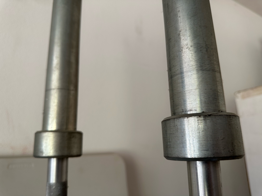 Uddeholm Sweden Competition Olympic Weights Bumper Plates With Metal Rack Plus Chrome Stand With Two 89” Long Aluminum Weight Bars And One Chrome Curling Bar [Photo 20]