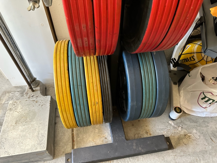 Uddeholm Sweden Competition Olympic Weights Bumper Plates With Metal Rack Plus Chrome Stand With Two 89” Long Aluminum Weight Bars And One Chrome Curling Bar [Photo 7]