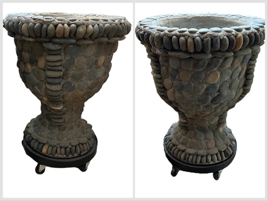 Pair Of Large Urn Style Flower Pots With Rolling Stands 21.5W X 25H