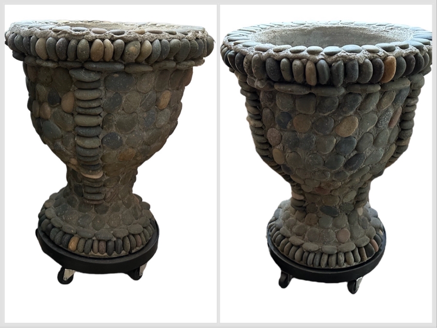 Pair Of Large Urn Style Flower Pots With Rolling Stands 21.5W X 25H [Photo 1]