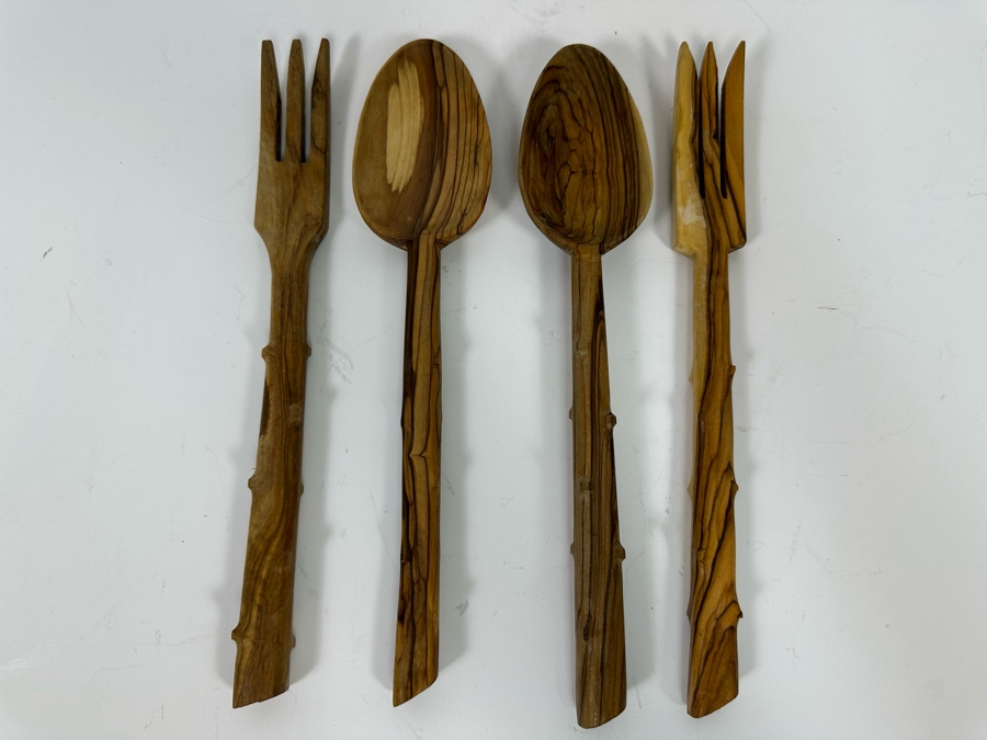 Last Minute Add - Pair Of Carved Wooden Salad Bowl Serving Forks And Spoons 10.5L [Photo 3]