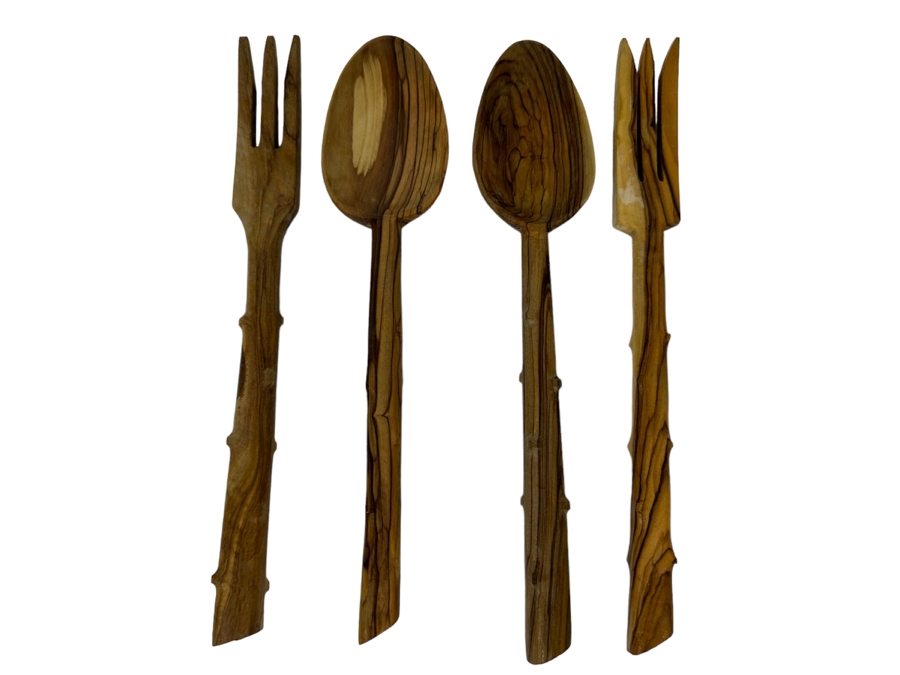 Last Minute Add - Pair Of Carved Wooden Salad Bowl Serving Forks And Spoons 10.5L [Photo 1]