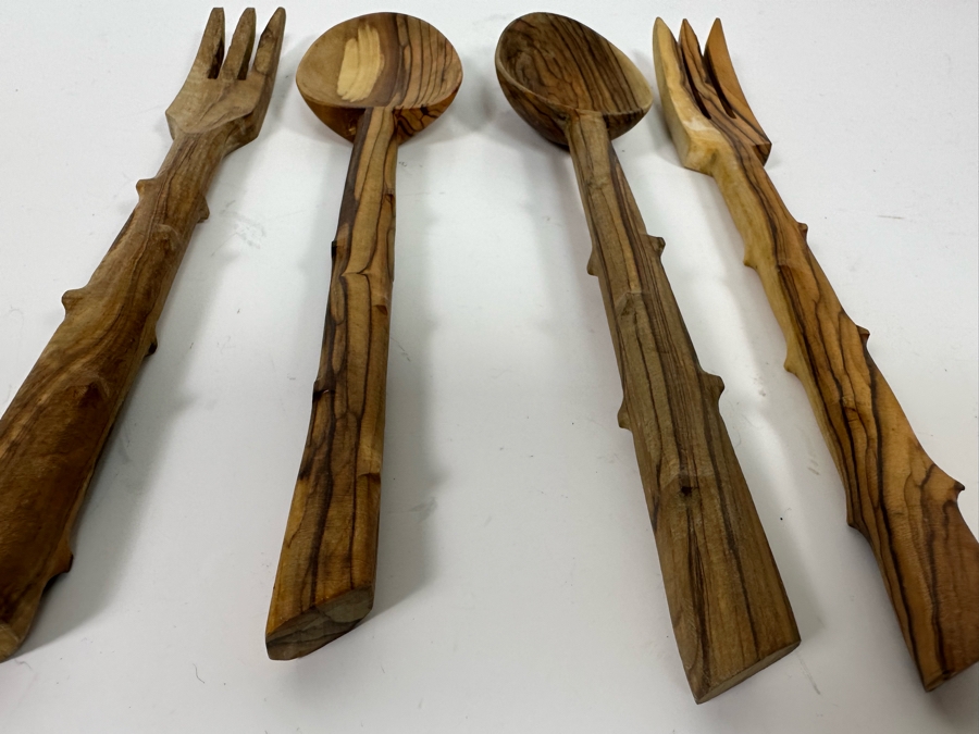 Last Minute Add - Pair Of Carved Wooden Salad Bowl Serving Forks And Spoons 10.5L [Photo 5]