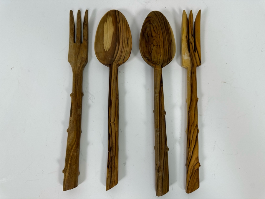 Last Minute Add - Pair Of Carved Wooden Salad Bowl Serving Forks And Spoons 10.5L [Photo 2]
