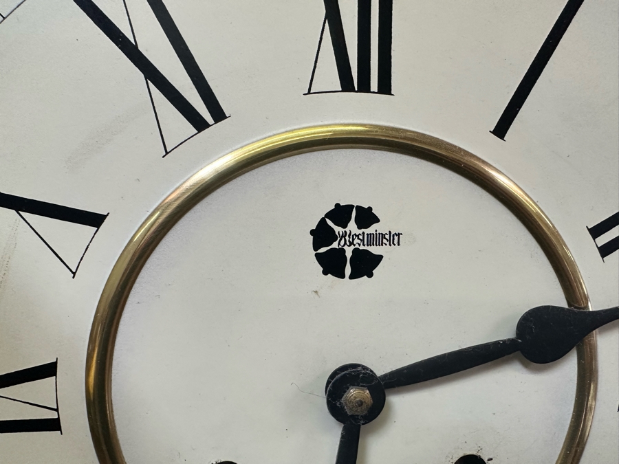 Last Minute Add - Large Wesminster Wooden Case Wall Clock With Key - Clock Is Working But Chime Isn't 22W X 6D X 59H [Photo 7]