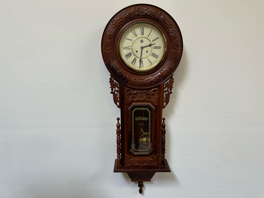 Last Minute Add - Large Wesminster Wooden Case Wall Clock With Key - Clock Is Working But Chime Isn't 22W X 6D X 59H [Photo 3]