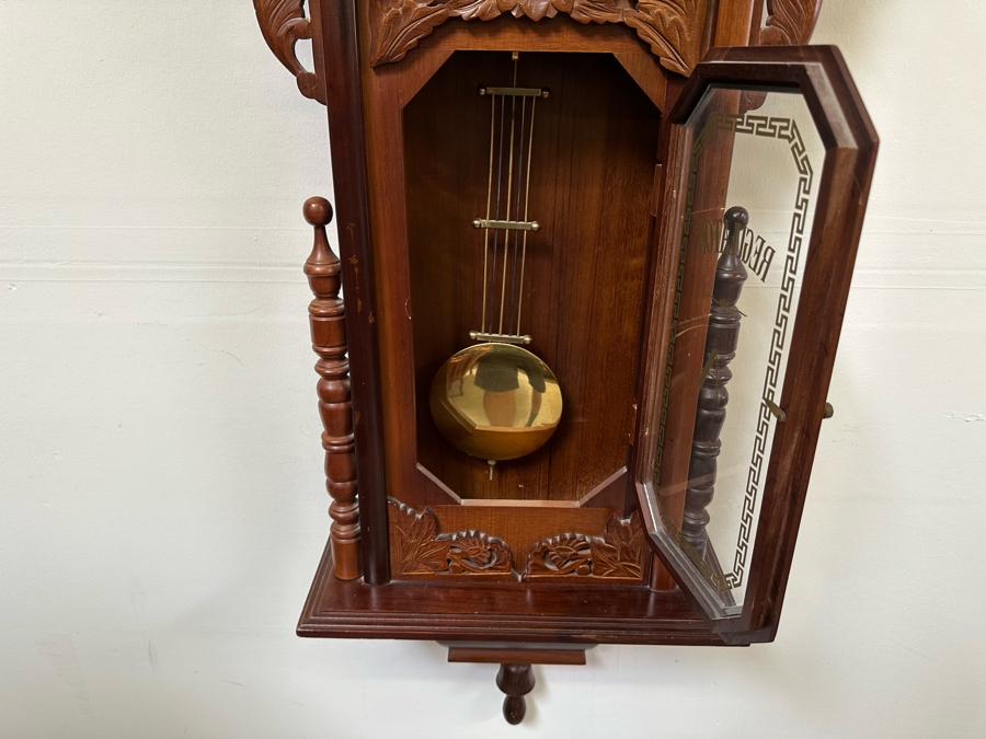 Last Minute Add - Large Wesminster Wooden Case Wall Clock With Key - Clock Is Working But Chime Isn't 22W X 6D X 59H [Photo 9]