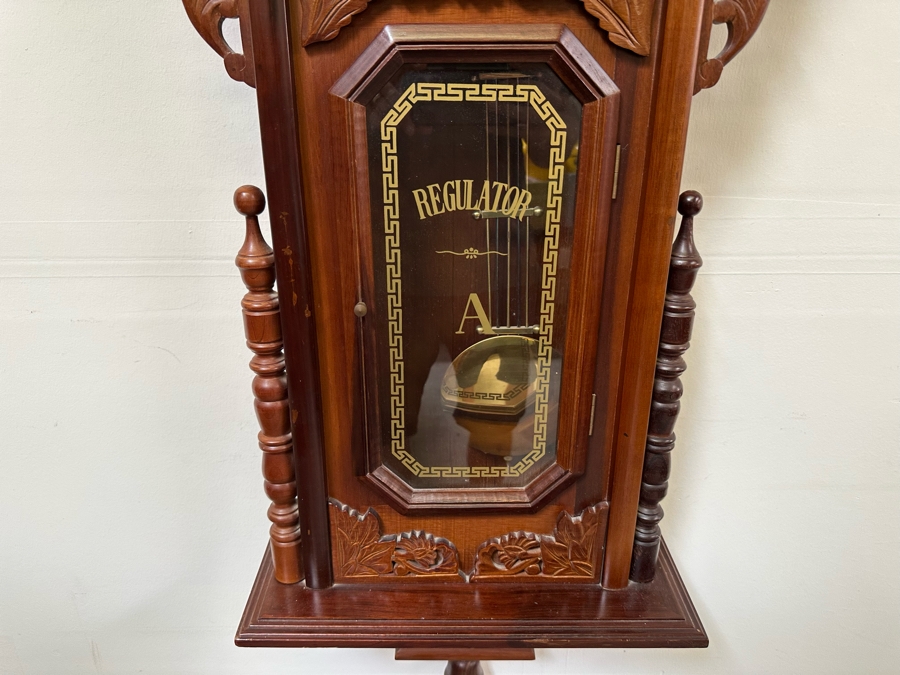 Last Minute Add - Large Wesminster Wooden Case Wall Clock With Key - Clock Is Working But Chime Isn't 22W X 6D X 59H [Photo 4]