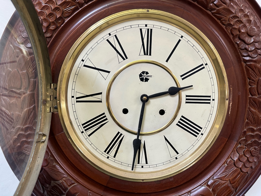 Last Minute Add - Large Wesminster Wooden Case Wall Clock With Key - Clock Is Working But Chime Isn't 22W X 6D X 59H [Photo 6]