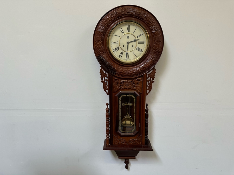 Last Minute Add - Large Wesminster Wooden Case Wall Clock With Key - Clock Is Working But Chime Isn't 22W X 6D X 59H [Photo 2]