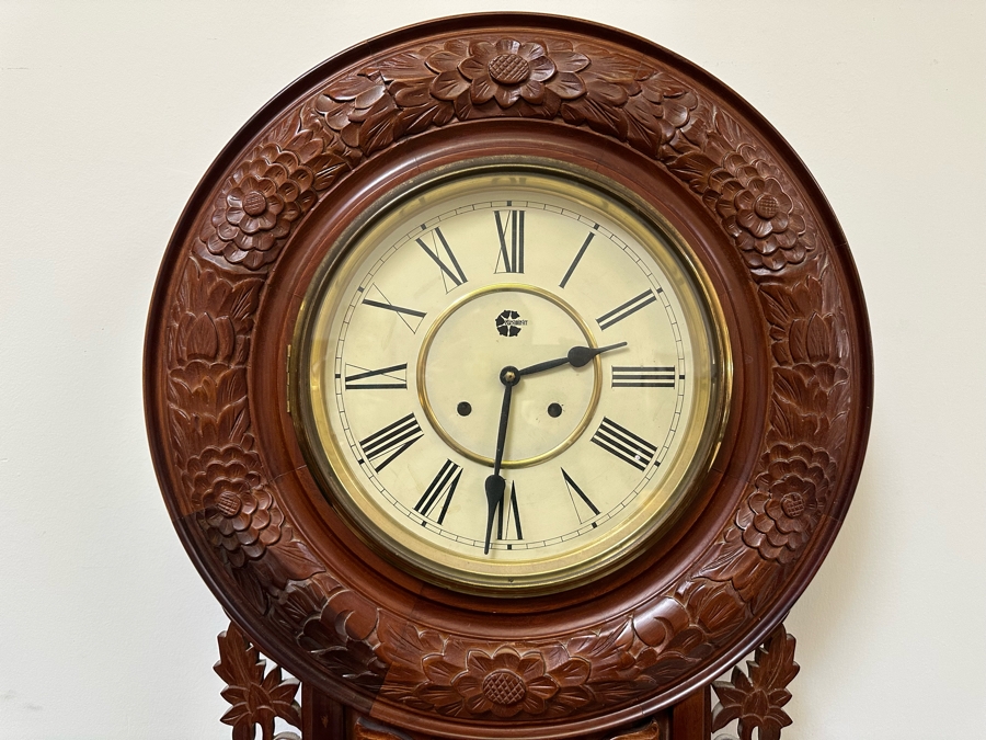 Last Minute Add - Large Wesminster Wooden Case Wall Clock With Key - Clock Is Working But Chime Isn't 22W X 6D X 59H [Photo 5]
