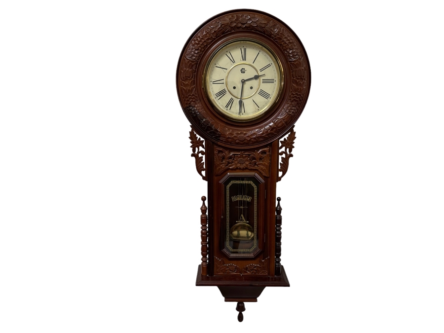 Last Minute Add - Large Wesminster Wooden Case Wall Clock With Key - Clock Is Working But Chime Isn't 22W X 6D X 59H [Photo 1]