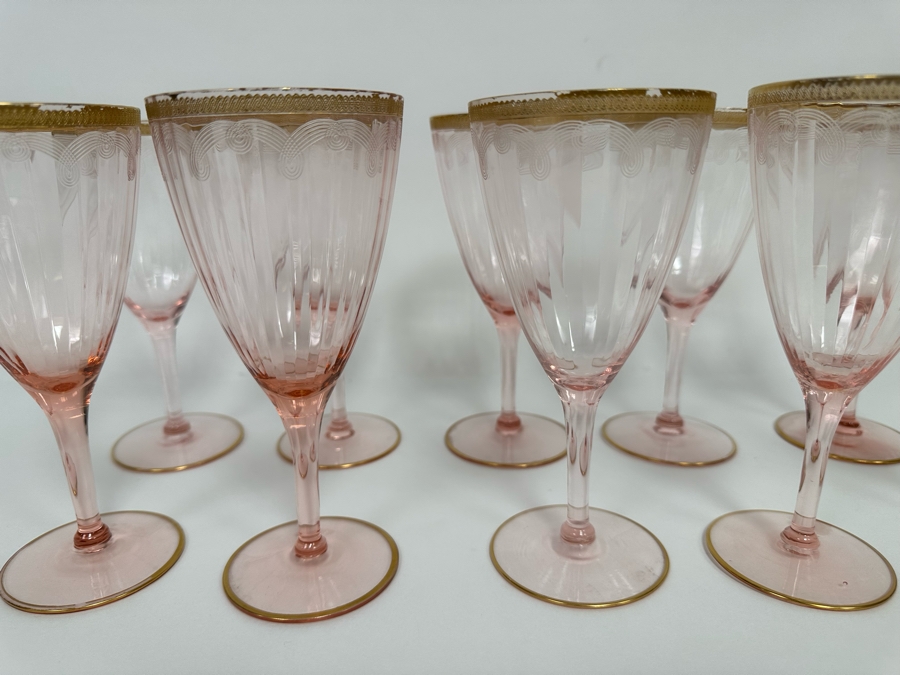 Last Minute Add - Pink Etched Elegant Depression Gold Rim Stemware Glasses 20 Glasses 5.25H And 6.75H [Photo 6]