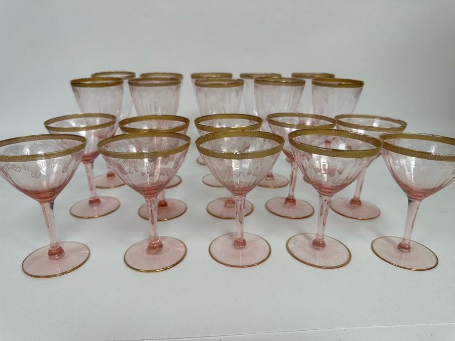 Last Minute Add - Pink Etched Elegant Depression Gold Rim Stemware Glasses 20 Glasses 5.25H And 6.75H
