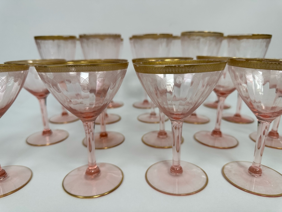 Last Minute Add - Pink Etched Elegant Depression Gold Rim Stemware Glasses 20 Glasses 5.25H And 6.75H [Photo 4]