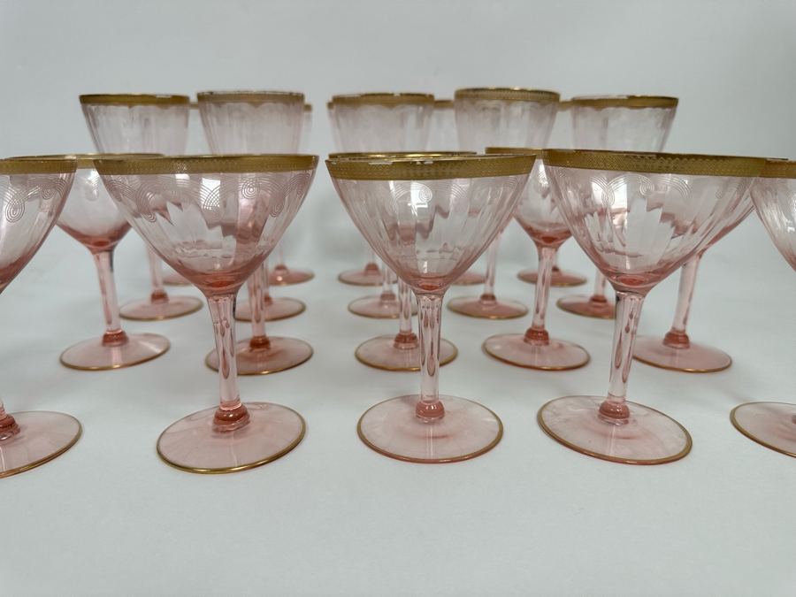 Last Minute Add - Pink Etched Elegant Depression Gold Rim Stemware Glasses 20 Glasses 5.25H And 6.75H [Photo 2]