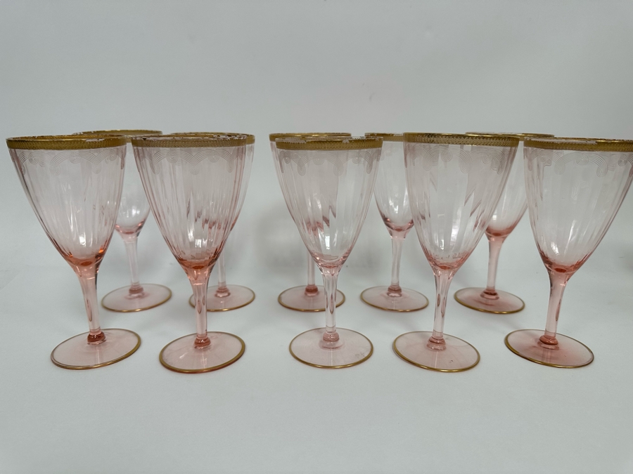 Last Minute Add - Pink Etched Elegant Depression Gold Rim Stemware Glasses 20 Glasses 5.25H And 6.75H [Photo 5]