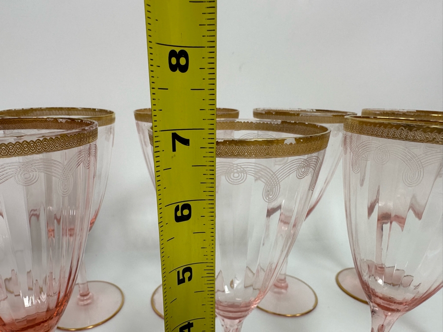 Last Minute Add - Pink Etched Elegant Depression Gold Rim Stemware Glasses 20 Glasses 5.25H And 6.75H [Photo 8]