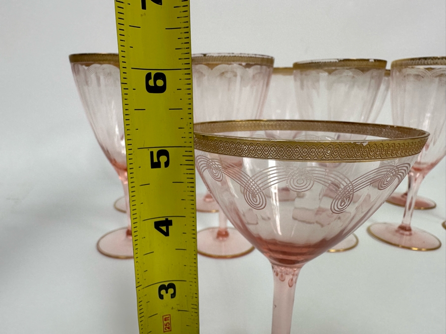 Last Minute Add - Pink Etched Elegant Depression Gold Rim Stemware Glasses 20 Glasses 5.25H And 6.75H [Photo 7]