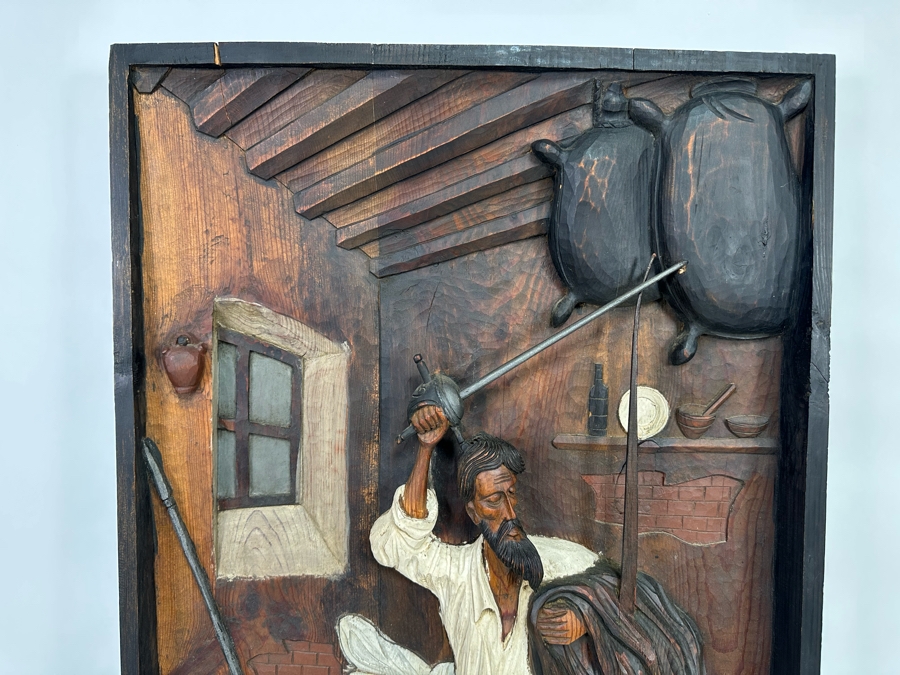 Original Relief Carved Wooden Wall Plaque Artwork Depicting Scene From Don Quixote 22W X 3D X 38H [Photo 10]