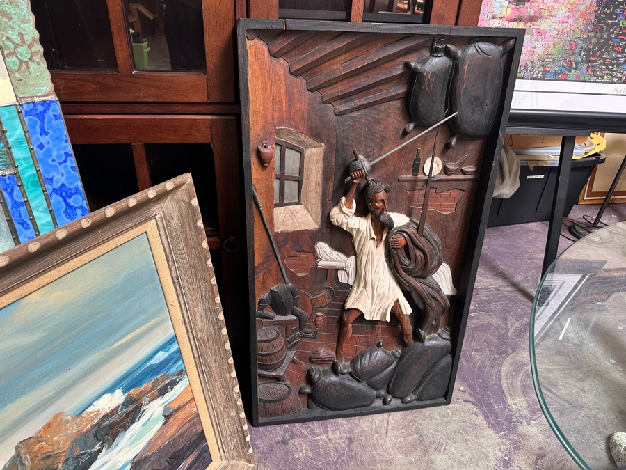 Original Relief Carved Wooden Wall Plaque Artwork Depicting Scene From Don Quixote 22W X 3D X 38H [Photo 15]